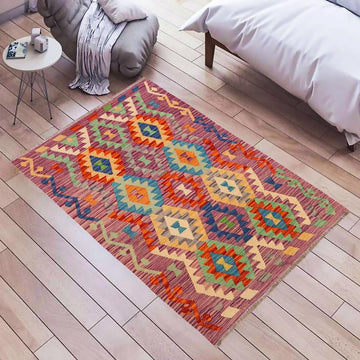 Flat Weave Kilim, Antique, Navaho, Vintage, Handmade, Geometric Kilim Purple Rust Hand-Woven Rectangle 100% Wool Area Rug 4 x 5